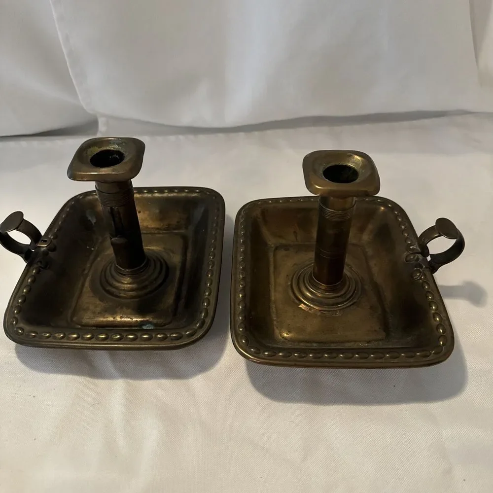 Vintage‎ Antique Brass Push Up Chamber Candle Stick Holder Rectangle Lot Of 2